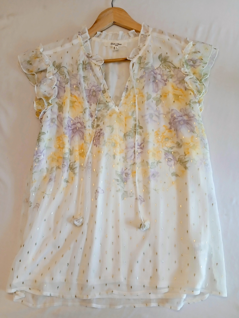 Haver + Blair London Floral Ruffle Blouse Gold Lurex Clip Dot Top L NWOT